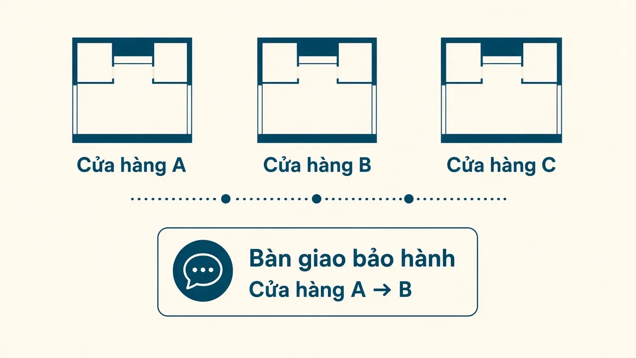 Ba cửa hàng A, B, C và phiếu bàn giao bảo hành từ A sang B