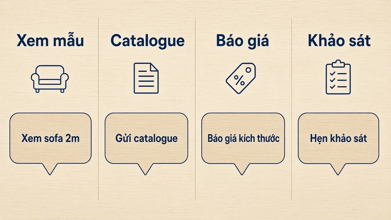 Bốn bước showroom: xem mẫu, catalogue, báo giá và khảo sát