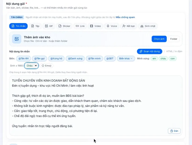 Tab Tự chọn với chip Nhóm, ô tìm nhóm và nhóm Zalo đã được tick, nhãn Đã chọn 1