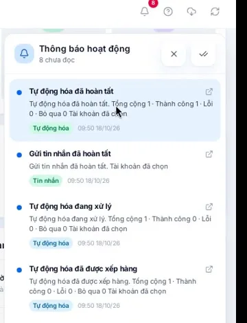 Khối Lịch sử hoạt động gần đây ở Trang chủ với dòng Gửi nhanh trạng thái Xong
