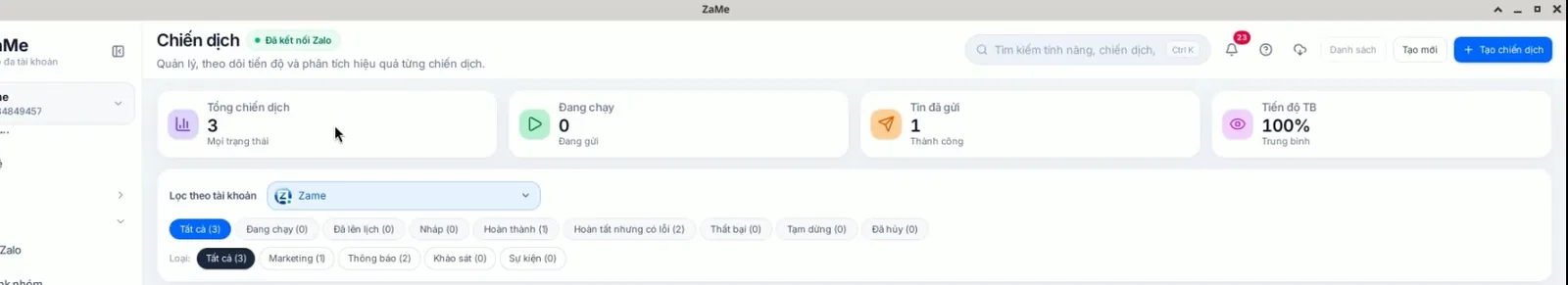 Trang danh sách Chiến dịch trong ZaMe với bốn thẻ tổng quan, bộ lọc trạng thái và loại