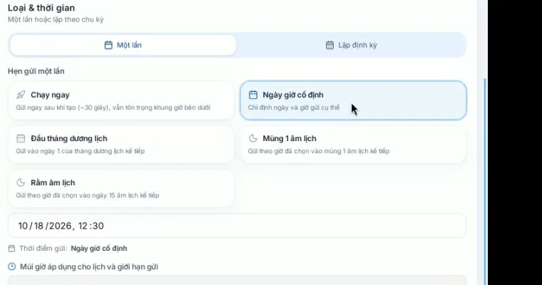 Khối Loại và thời gian với Ngày giờ cố định được chọn, ô ngày giờ và dòng Thời điểm gửi
