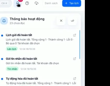 Bảng Thông báo hoạt động với mục Lịch gửi đã hoàn tất gắn nhãn Lên lịch